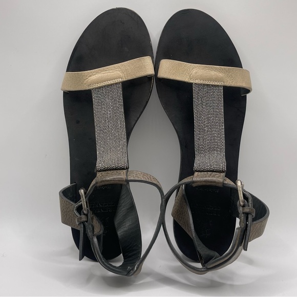 Brunello Cucinelli | Grey & Cream Leather Monili T-Strap Sandals |  EU 37 - Picture 3 of 16